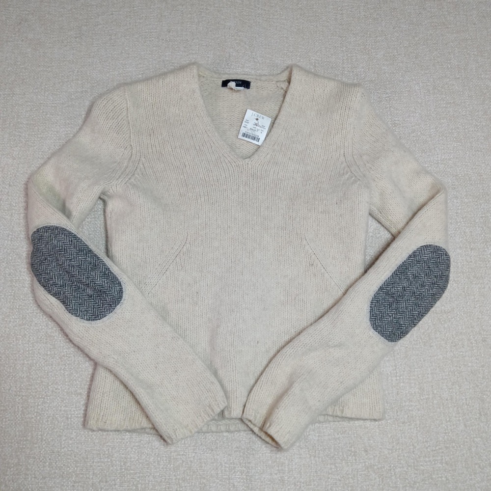 NWT J.Crew 100% Lambswool V-Neck Sweater Women's S Herringbone Elbow Pads Cream